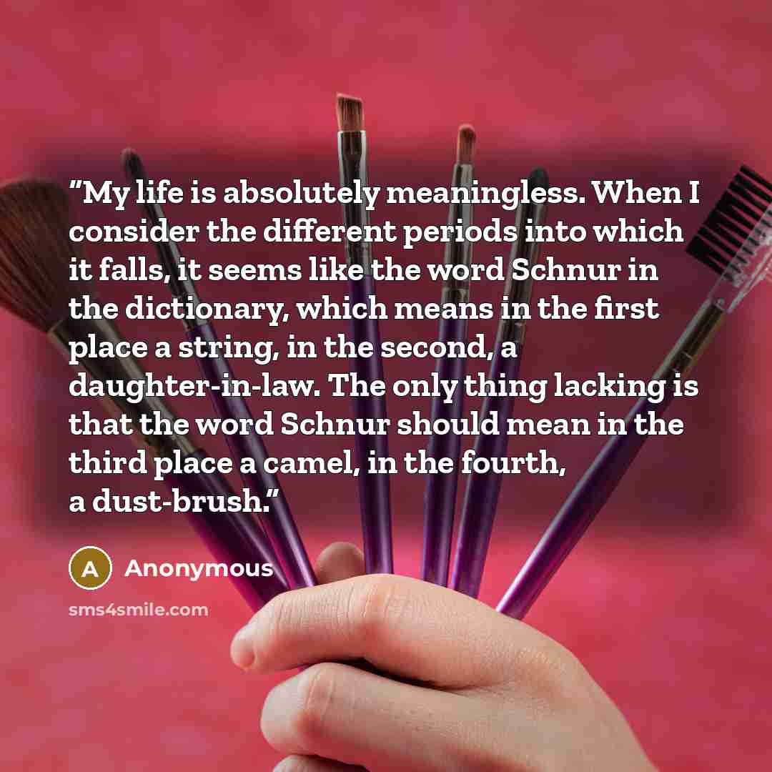“My life is absolutely meaningless. When I consider the different periods into which it falls, it seems like the word Schnur in the dictionary, which means in the first place a string, in the second, a daughter-in-law. The only thing lacking is that the word Schnur should mean in the third place a…” quote by Anonymous