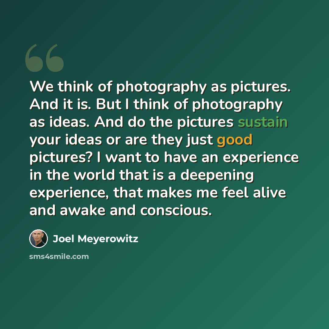 “We think of photography as pictures. And it is. But I think of photography as ideas. And do the pictures sustain your ideas or are they just good pictures? I want to have an experience in the world that is a deepening experience, that makes me feel alive and awake and conscious.” quote by Joel Meyerowitz