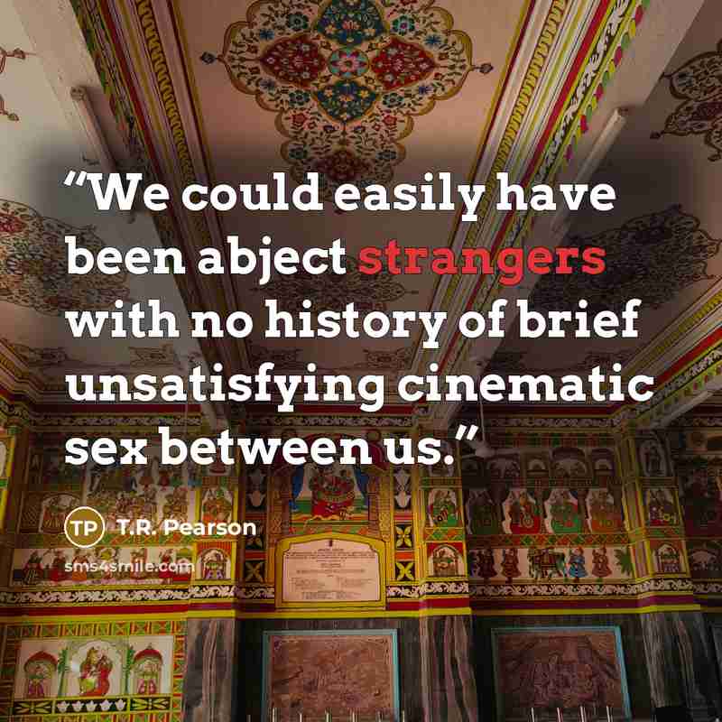 “We could easily have been abject strangers with no history of brief unsatisfying cinematic sex between us.” quote by T.R. Pearson