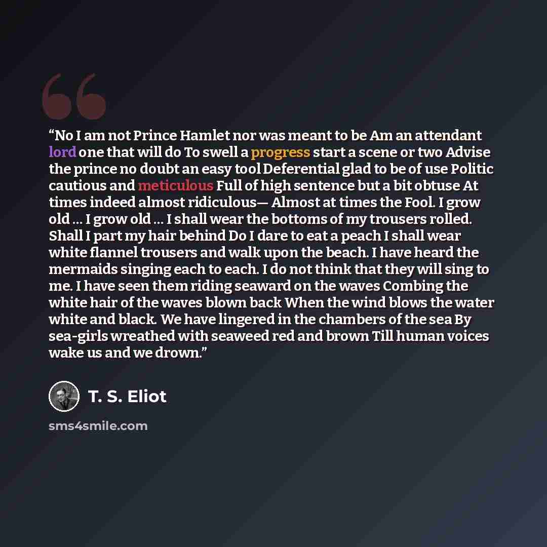 “No I am not Prince Hamlet nor was meant to be Am an attendant lord one that will do To swell a progress start a scene or two Advise the prince no doubt an easy tool Deferential glad to be of use Politic cautious and meticulous Full of high sentence but a bit obtuse At times indeed almost…” quote by T. S. Eliot