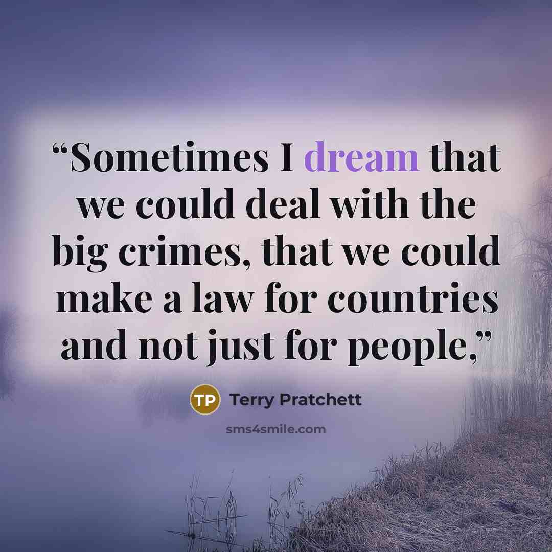 “Sometimes I dream that we could deal with the big crimes, that we could make a law for countries and not just for people,” quote by Terry Pratchett