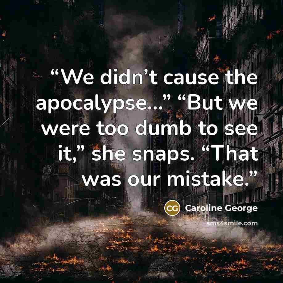 “We didn’t cause the apocalypse…” “But we were too dumb to see it,” she snaps. “That was our mistake.” quote by Caroline George