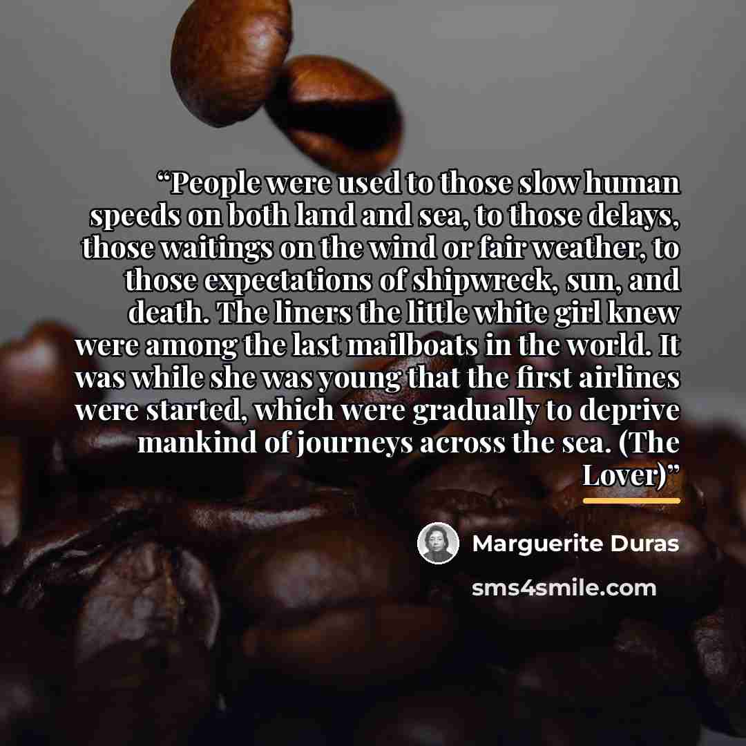 “People were used to those slow human speeds on both land and sea, to those delays, those waitings on the wind or fair weather, to those expectations of shipwreck, sun, and death. The liners the little white girl knew were among the last mailboats in the world. It was while she was young that the…” quote by Marguerite Duras