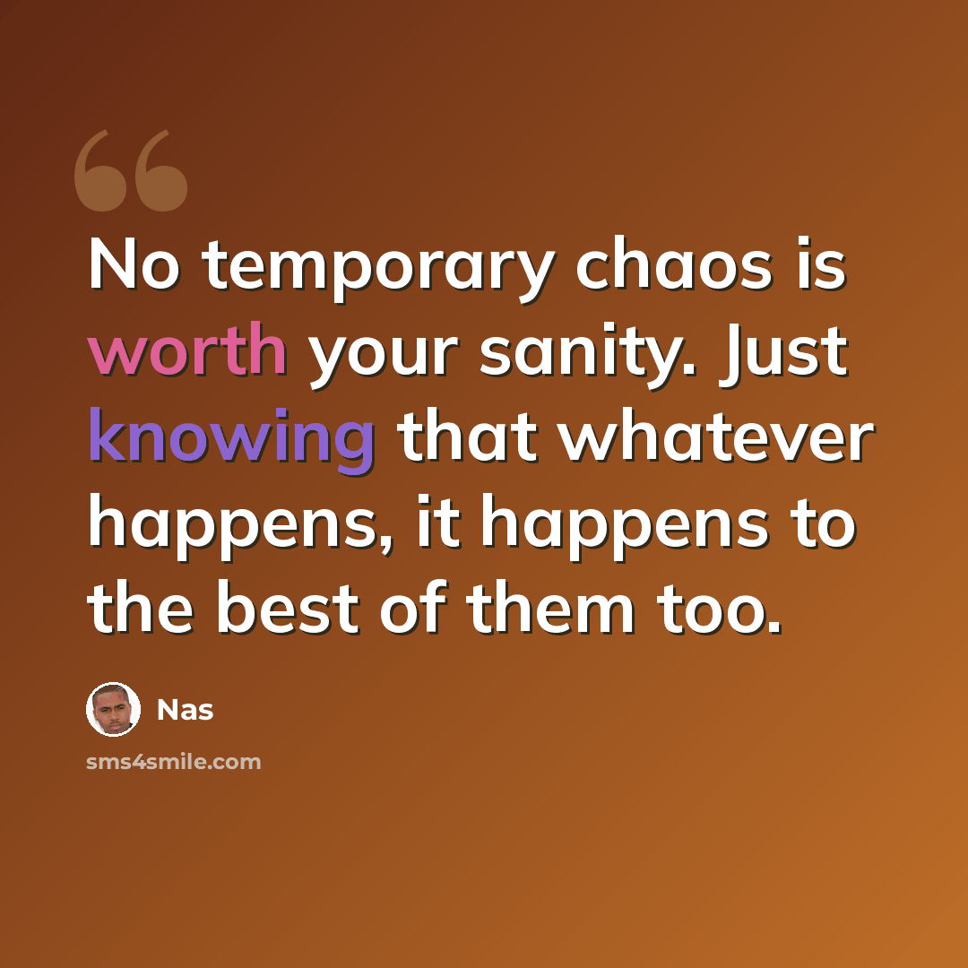 “No temporary chaos is worth your sanity. Just knowing that whatever happens, it happens to the best of them too.” quote by Nas