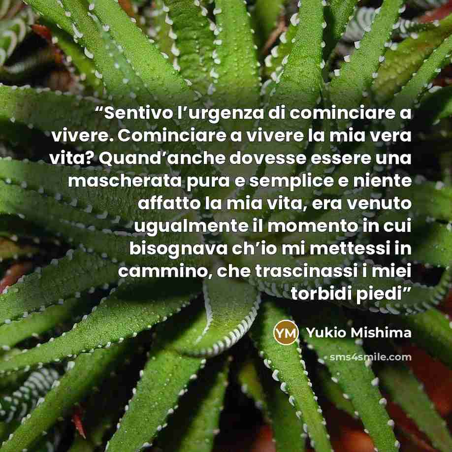 “Sentivo l’urgenza di cominciare a vivere. Cominciare a vivere la mia vera vita? Quand’anche dovesse essere una mascherata pura e semplice e niente affatto la mia vita, era venuto ugualmente il momento in cui bisognava ch’io mi mettessi in cammino, che trascinassi i miei torbidi piedi” quote by Yukio Mishima