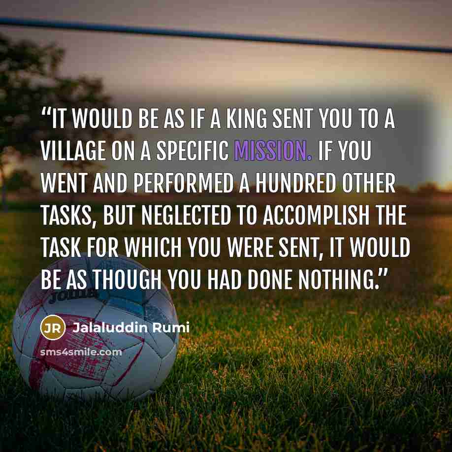 “It would be as if a king sent you to a village on a specific mission. If you went and performed a hundred other tasks, but neglected to accomplish the task for which you were sent, it would be as though you had done nothing.” quote by Jalaluddin Rumi