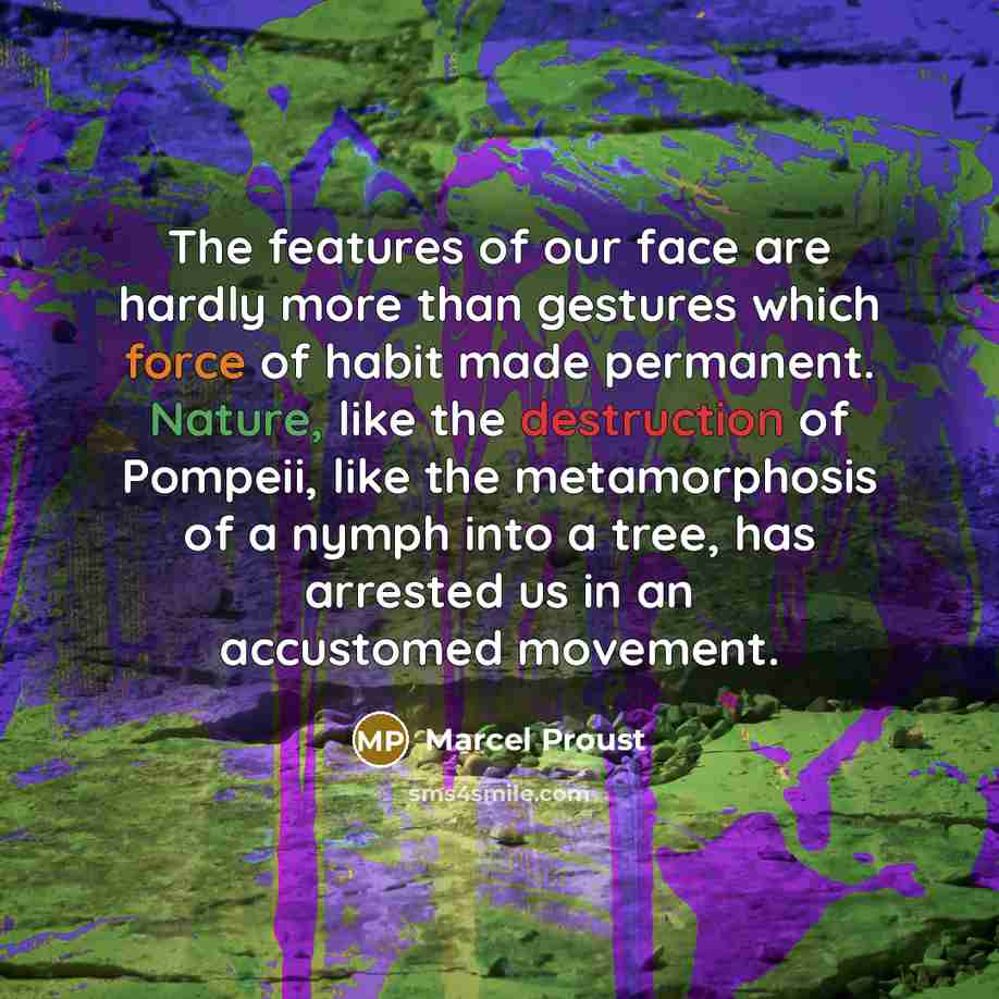 “The features of our face are hardly more than gestures which force of habit made permanent. Nature, like the destruction of Pompeii, like the metamorphosis of a nymph into a tree, has arrested us in an accustomed movement.” quote by Marcel Proust
