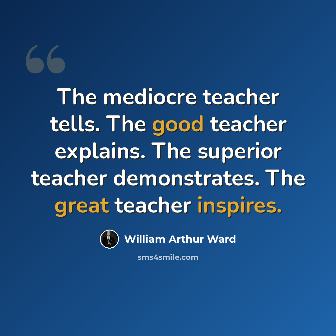 “The mediocre teacher tells. The good teacher explains. The superior teacher demonstrates. The great teacher inspires.” quote by William Arthur Ward