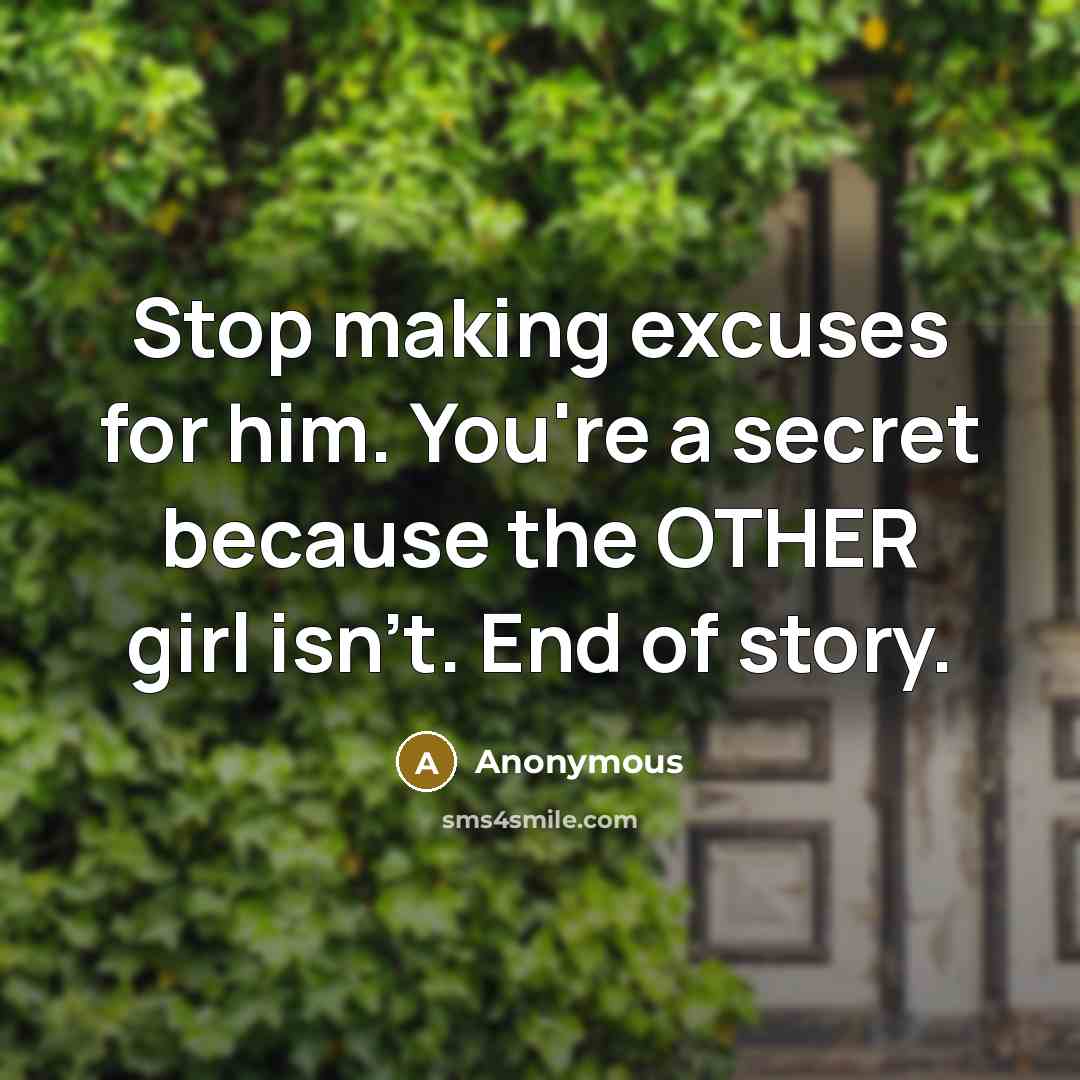 “Stop making excuses for him. You're a secret because the OTHER girl isn't. End of story.” quote by Anonymous