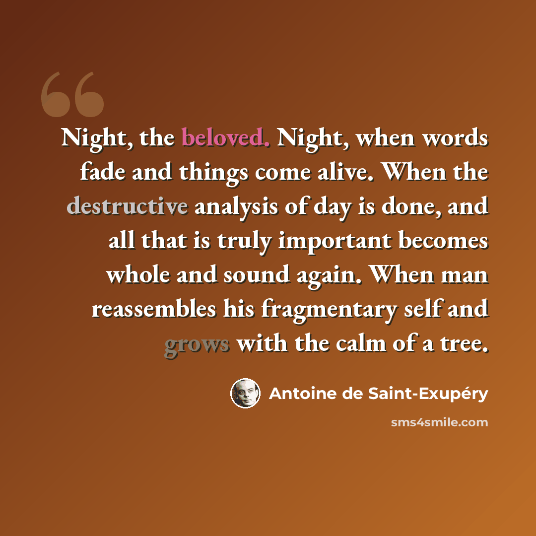 “Night, the beloved. Night, when words fade and things come alive. When the destructive analysis of day is done, and all that is truly important becomes whole and sound again. When man reassembles his fragmentary self and grows with the calm of a tree.” quote by Antoine de Saint-Exupery