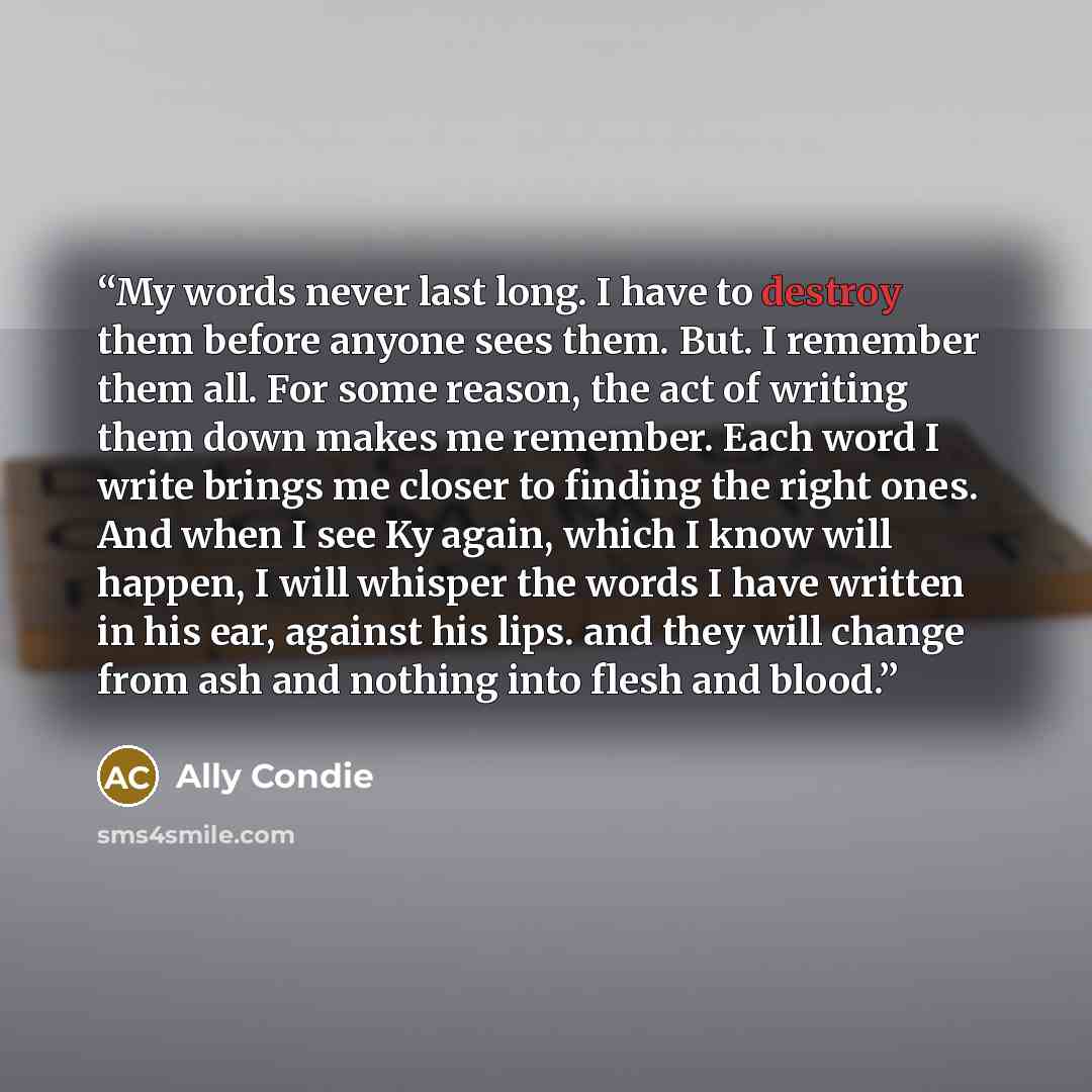 “My words never last long. I have to destroy them before anyone sees them. But. I remember them all. For some reason, the act of writing them down makes me remember. Each word I write brings me closer to finding the right ones. And when I see Ky again, which I know will happen, I will whisper the…” quote by Ally Condie