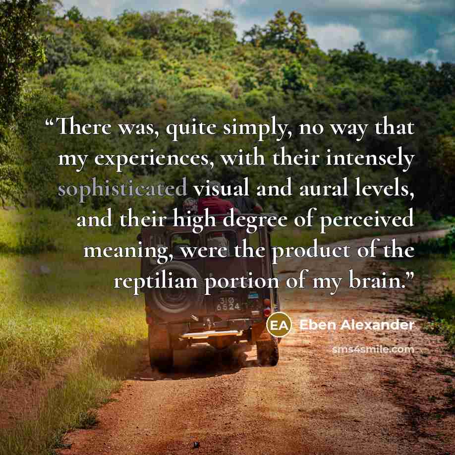 “There was, quite simply, no way that my experiences, with their intensely sophisticated visual and aural levels, and their high degree of perceived meaning, were the product of the reptilian portion of my brain.” quote by Eben Alexander