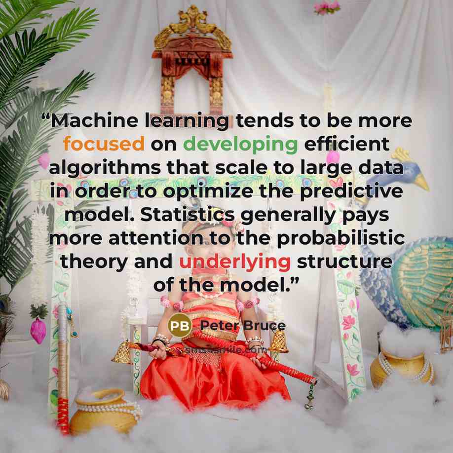 “Machine learning tends to be more focused on developing efficient algorithms that scale to large data in order to optimize the predictive model. Statistics generally pays more attention to the probabilistic theory and underlying structure of the model.” quote by Peter Bruce