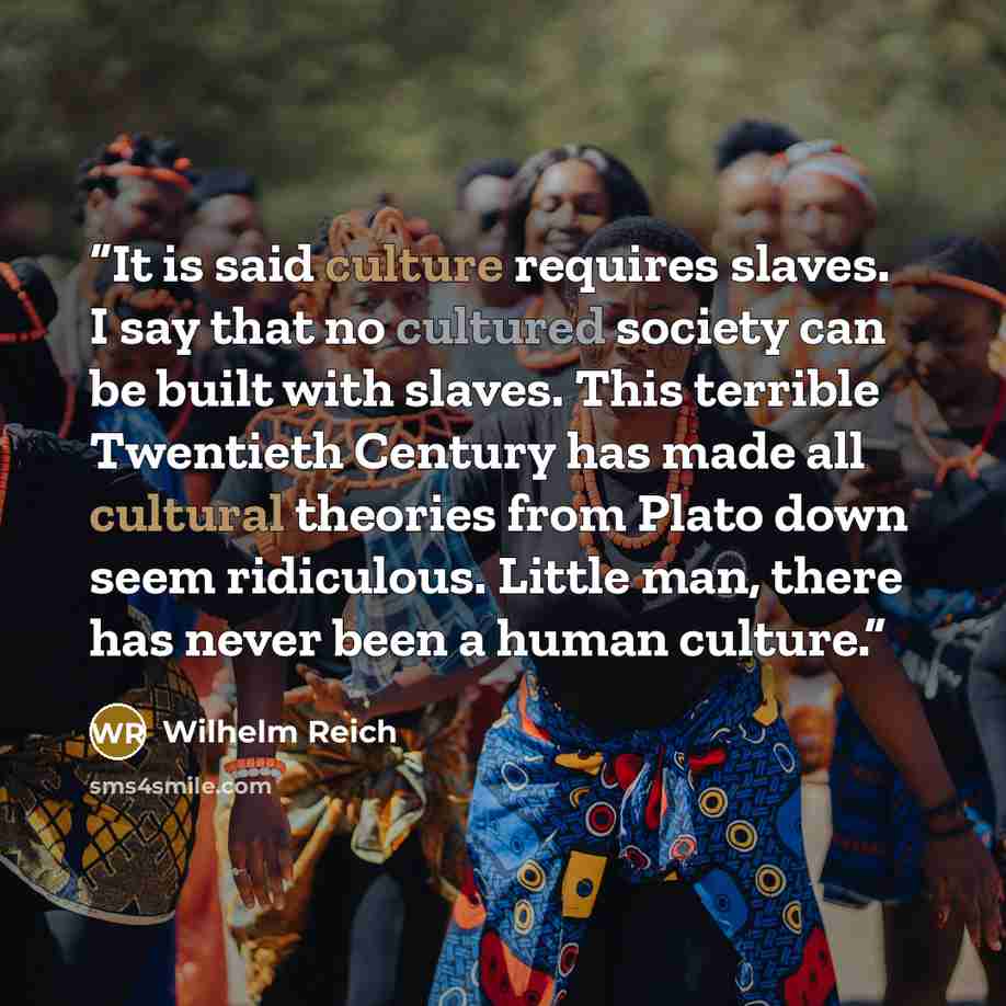 “It is said culture requires slaves. I say that no cultured society can be built with slaves. This terrible Twentieth Century has made all cultural theories from Plato down seem ridiculous. Little man, there has never been a human culture.” quote by Wilhelm Reich