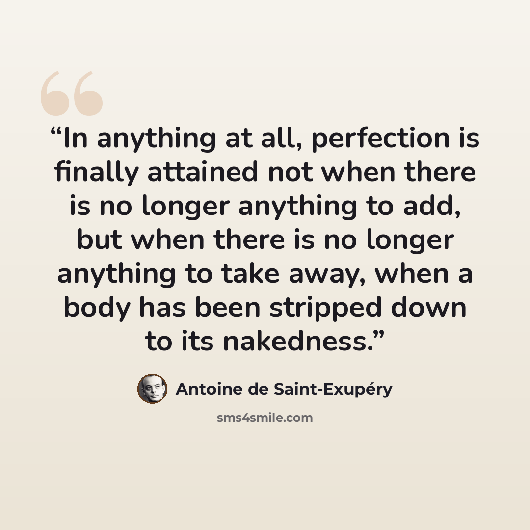 “In anything at all, perfection is finally attained not when there is no longer anything to add, but when there is no longer anything to take away, when a body has been stripped down to its nakedness.” quote by Antoine de Saint-Exupéry