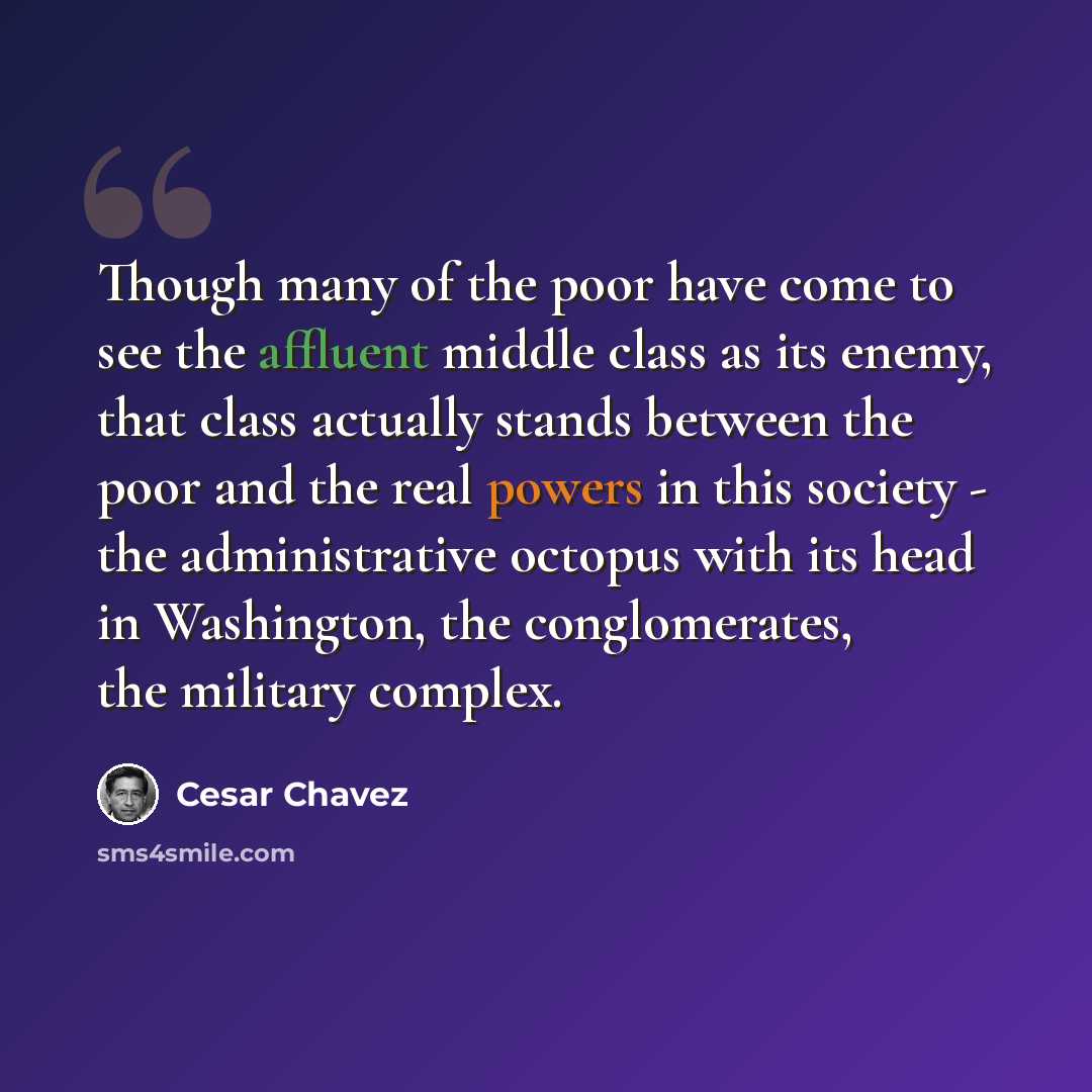 “Though many of the poor have come to see the affluent middle class as its enemy, that class actually stands between the poor and the real powers in this society - the administrative octopus with its head in Washington, the conglomerates, the military complex.” quote by Cesar Chavez