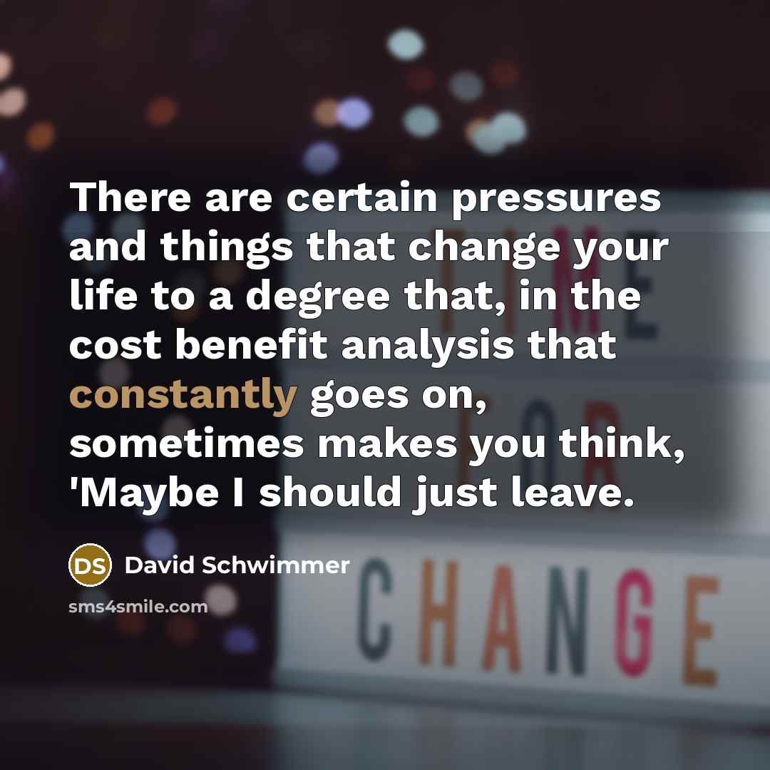 “There are certain pressures and things that change your life to a degree that, in the cost benefit analysis that constantly goes on, sometimes makes you think, 'Maybe I should just leave.” quote by David Schwimmer