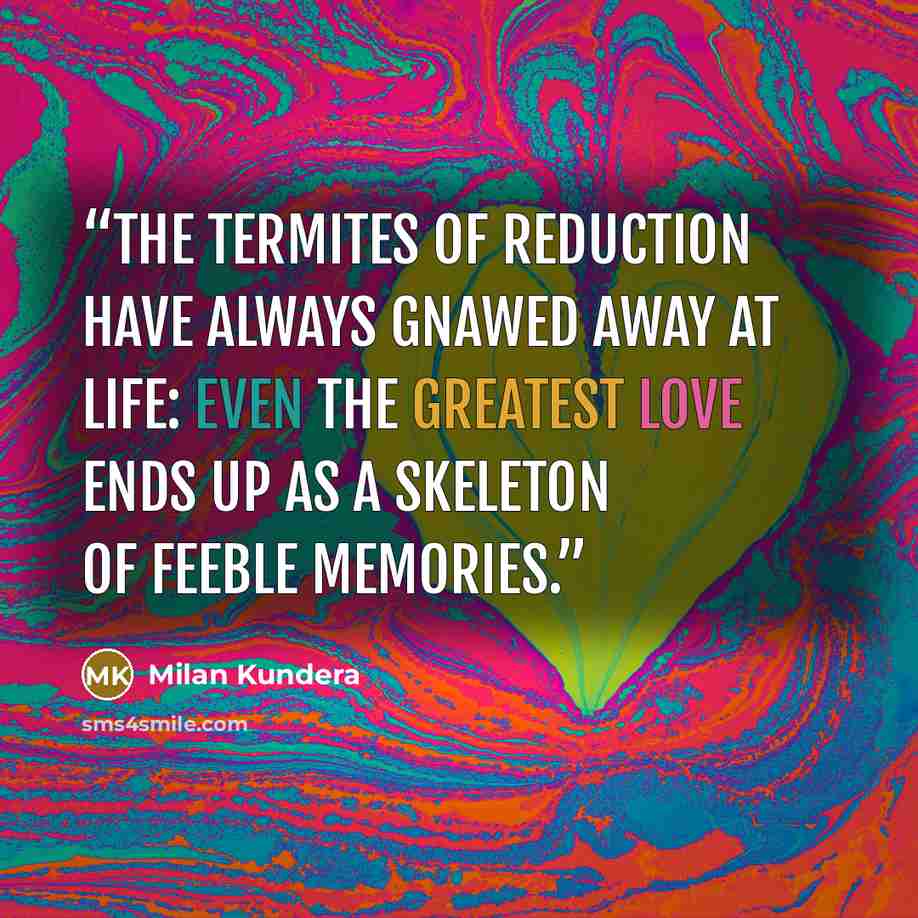 “The termites of reduction have always gnawed away at life: even the greatest love ends up as a skeleton of feeble memories.” quote by Milan Kundera