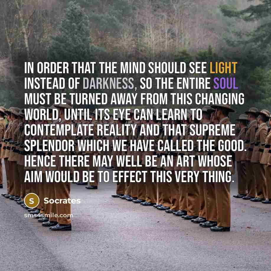 “In order that the mind should see light instead of darkness, so the entire soul must be turned away from this changing world, until its eye can learn to contemplate reality and that supreme splendor which we have called the good. Hence there may well be an art whose aim would be to effect this…” quote by Socrates