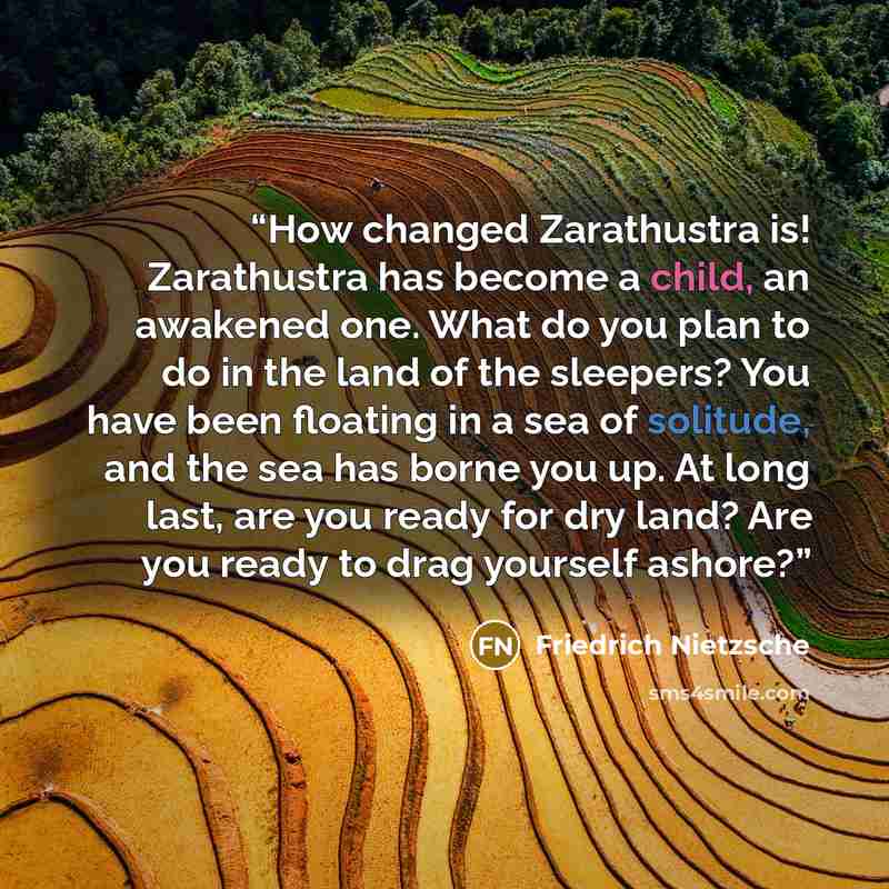 “How changed Zarathustra is! Zarathustra has become a child, an awakened one. What do you plan to do in the land of the sleepers? You have been floating in a sea of solitude, and the sea has borne you up. At long last, are you ready for dry land? Are you ready to drag yourself ashore?” quote by Friedrich Nietzsche