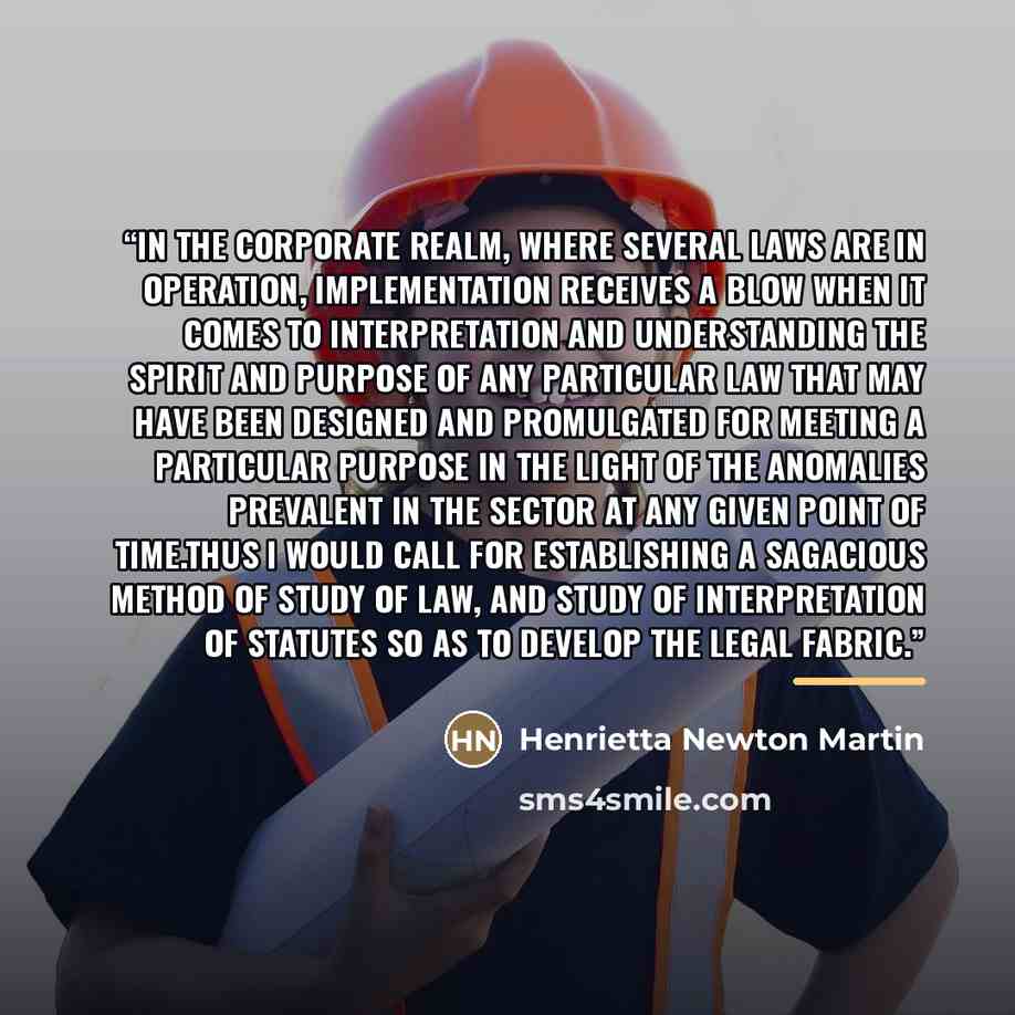 “In the corporate realm, where several laws are in operation, implementation receives a blow when it comes to interpretation and understanding the spirit and purpose of any particular law that may have been designed and promulgated for meeting a particular purpose in the light of the anomalies…” quote by Henrietta Newton Martin