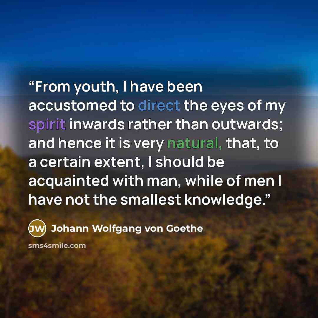 “From youth, I have been accustomed to direct the eyes of my spirit inwards rather than outwards; and hence it is very natural, that, to a certain extent, I should be acquainted with man, while of men I have not the smallest knowledge.” quote by Johann Wolfgang von Goethe