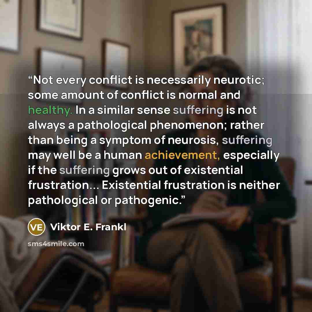 “Not every conflict is necessarily neurotic; some amount of conflict is normal and healthy. In a similar sense suffering is not always a pathological phenomenon; rather than being a symptom of neurosis, suffering may well be a human achievement, especially if the suffering grows out of existential…” quote by Viktor E. Frankl
