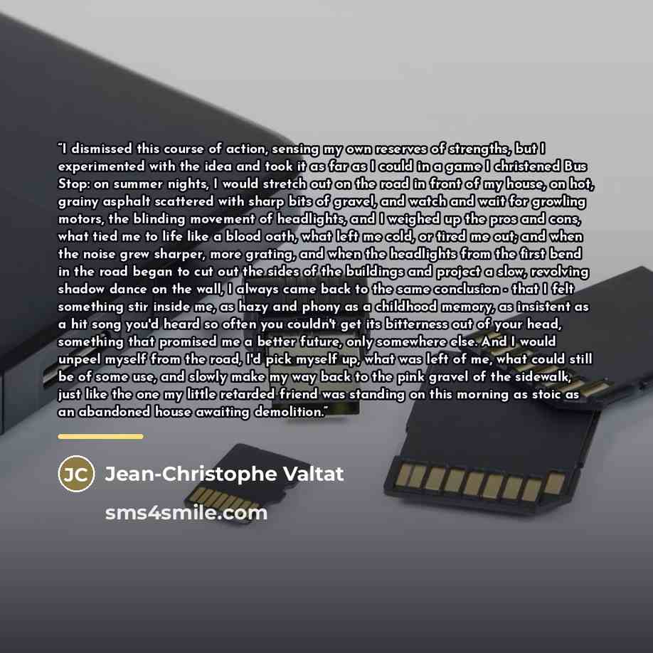 “I dismissed this course of action, sensing my own reserves of strengths, but I experimented with the idea and took it as far as I could in a game I christened Bus Stop: on summer nights, I would stretch out on the road in front of my house, on hot, grainy asphalt scattered with sharp bits of…” quote by Jean-Christophe Valtat