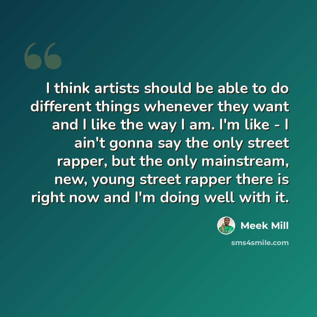 “I think artists should be able to do different things whenever they want and I like the way I am. I'm like - I ain't gonna say the only street rapper, but the only mainstream, new, young street rapper there is right now and I'm doing well with it.” quote by Meek Mill