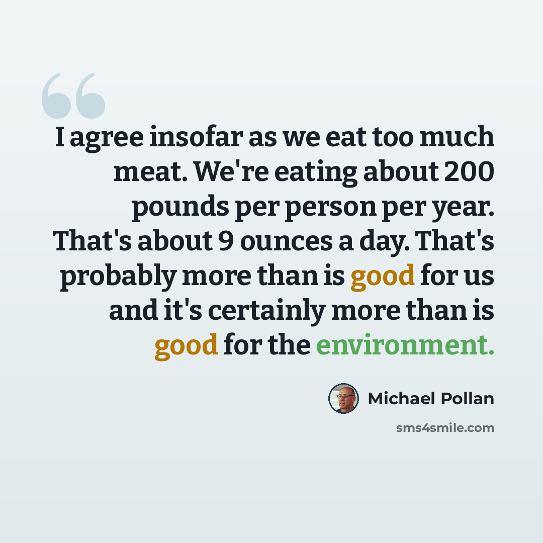“I agree insofar as we eat too much meat. We're eating about 200 pounds per person per year. That's about 9 ounces a day. That's probably more than is good for us and it's certainly more than is good for the environment.” quote by Michael Pollan