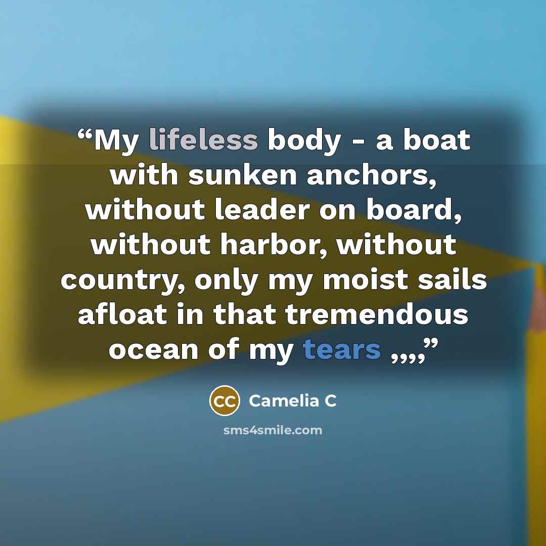 “My lifeless body - a boat with sunken anchors, without leader on board, without harbor, without country, only my moist sails afloat in that tremendous ocean of my tears ,,,,” quote by Camelia C