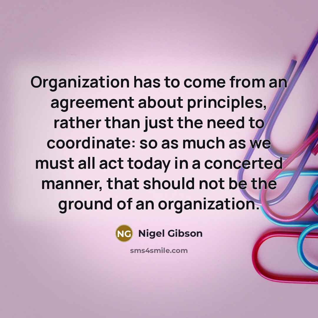 “Organization has to come from an agreement about principles, rather than just the need to coordinate: so as much as we must all act today in a concerted manner, that should not be the ground of an organization.” quote by Nigel Gibson