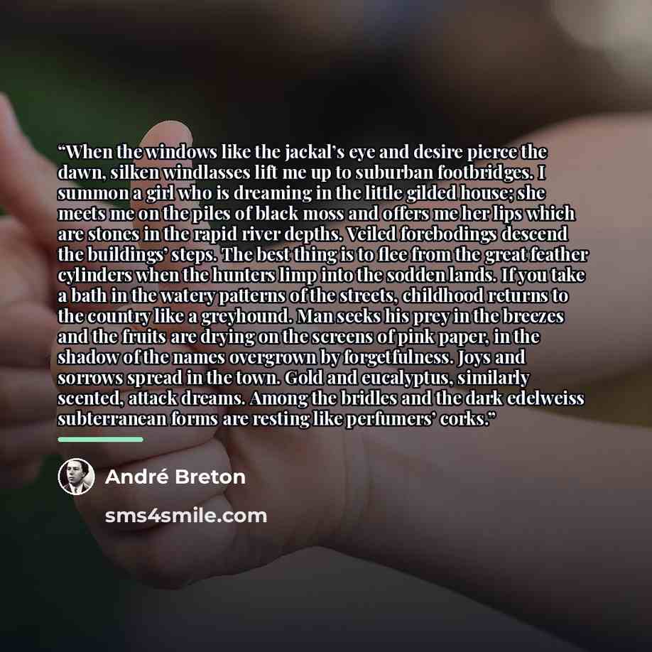“When the windows like the jackal’s eye and desire pierce the dawn, silken windlasses lift me up to suburban footbridges. I summon a girl who is dreaming in the little gilded house; she meets me on the piles of black moss and offers me her lips which are stones in the rapid river depths. Veiled…” quote by André Breton