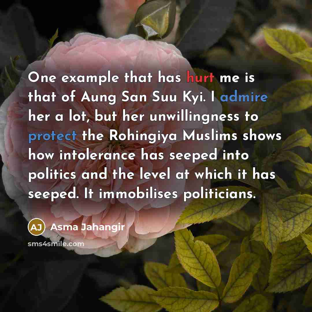 “One example that has hurt me is that of Aung San Suu Kyi. I admire her a lot, but her unwillingness to protect the Rohingiya Muslims shows how intolerance has seeped into politics and the level at which it has seeped. It immobilises politicians.” quote by Asma Jahangir
