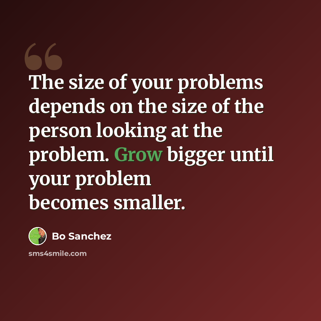 “The size of your problems depends on the size of the person looking at the problem. Grow bigger until your problem becomes smaller.” quote by Bo Sanchez