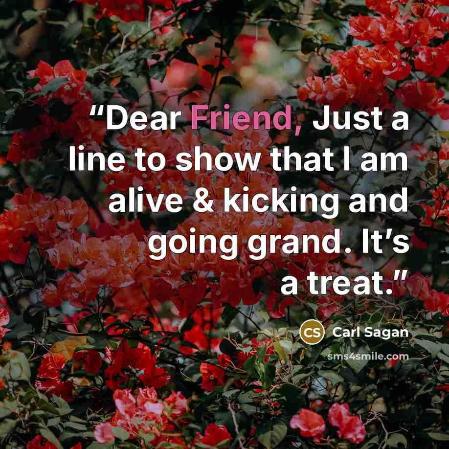 “Dear Friend, Just a line to show that I am alive & kicking and going grand. It’s a treat.” quote by Carl Sagan