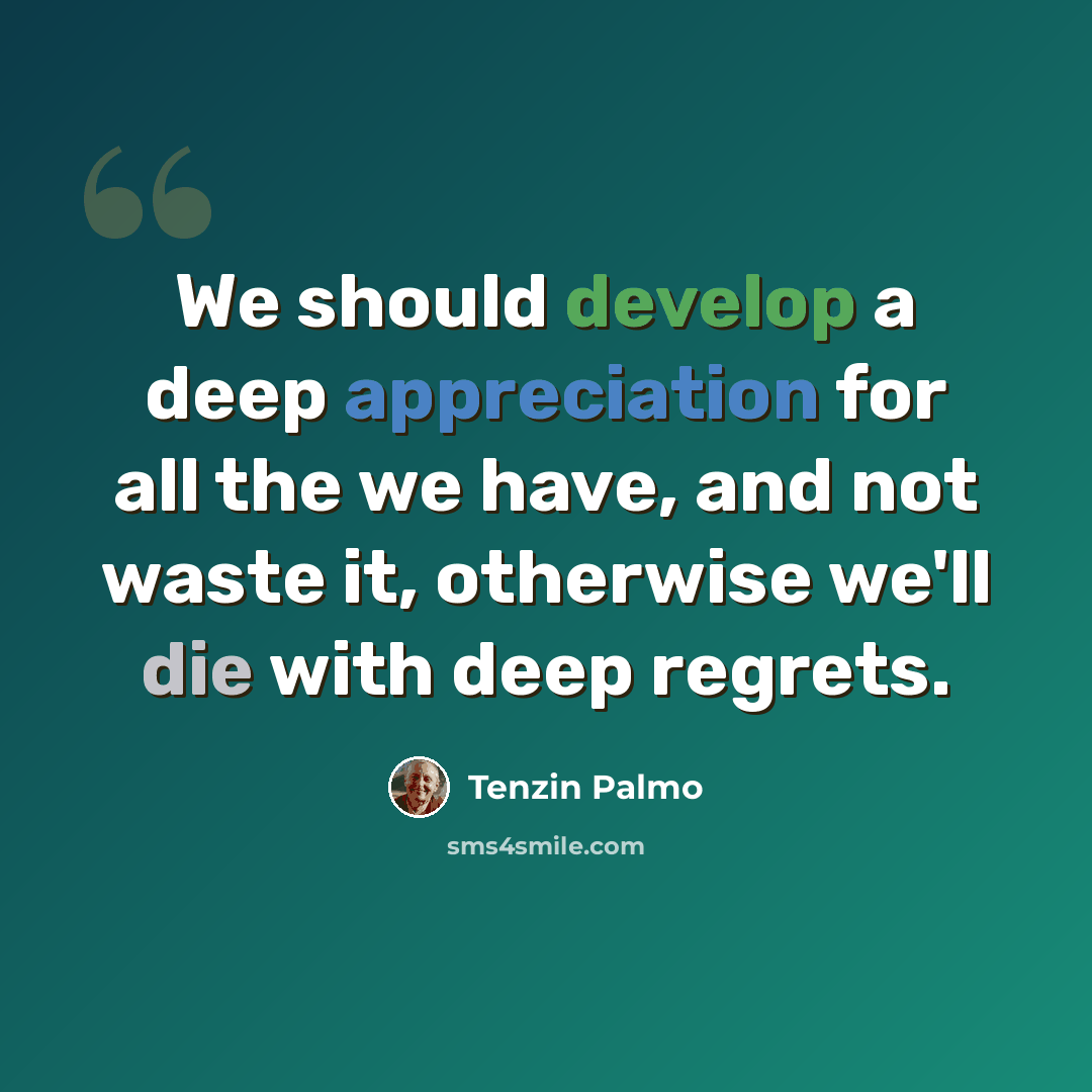 “We should develop a deep appreciation for all the we have, and not waste it, otherwise we'll die with deep regrets.” quote by Tenzin Palmo