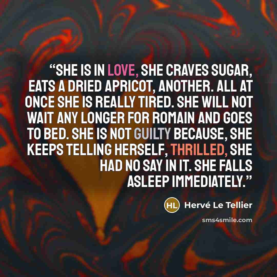 “She is in love, she craves sugar, eats a dried apricot, another. All at once she is really tired. She will not wait any longer for Romain and goes to bed. She is not guilty because, she keeps telling herself, thrilled, she had no say in it. She falls asleep immediately.” quote by Hervé Le Tellier
