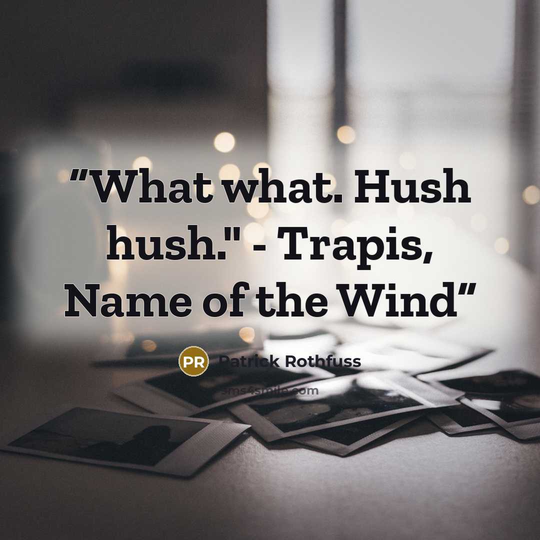 “What what. Hush hush." - Trapis, Name of the Wind” quote by Patrick Rothfuss