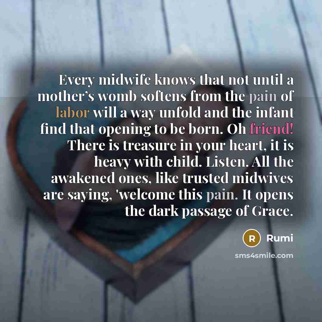 “Every midwife knows that not until a mother’s womb softens from the pain of labor will a way unfold and the infant find that opening to be born. Oh friend! There is treasure in your heart, it is heavy with child. Listen. All the awakened ones, like trusted midwives are saying, 'welcome this pain…” quote by Rumi