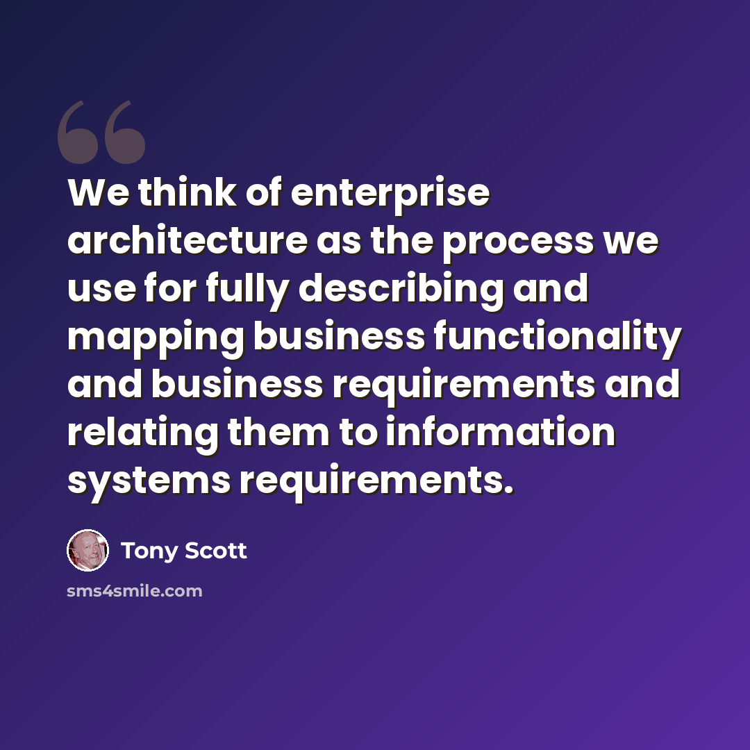 “We think of enterprise architecture as the process we use for fully describing and mapping business functionality and business requirements and relating them to information systems requirements.” quote by Tony Scott