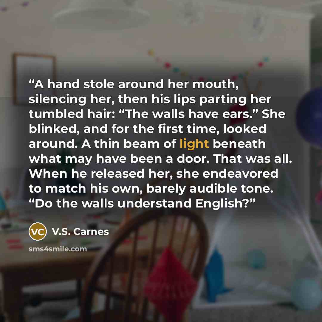 “A hand stole around her mouth, silencing her, then his lips parting her tumbled hair: “The walls have ears.” She blinked, and for the first time, looked around. A thin beam of light beneath what may have been a door. That was all. When he released her, she endeavored to match his own, barely…” quote by V.S. Carnes