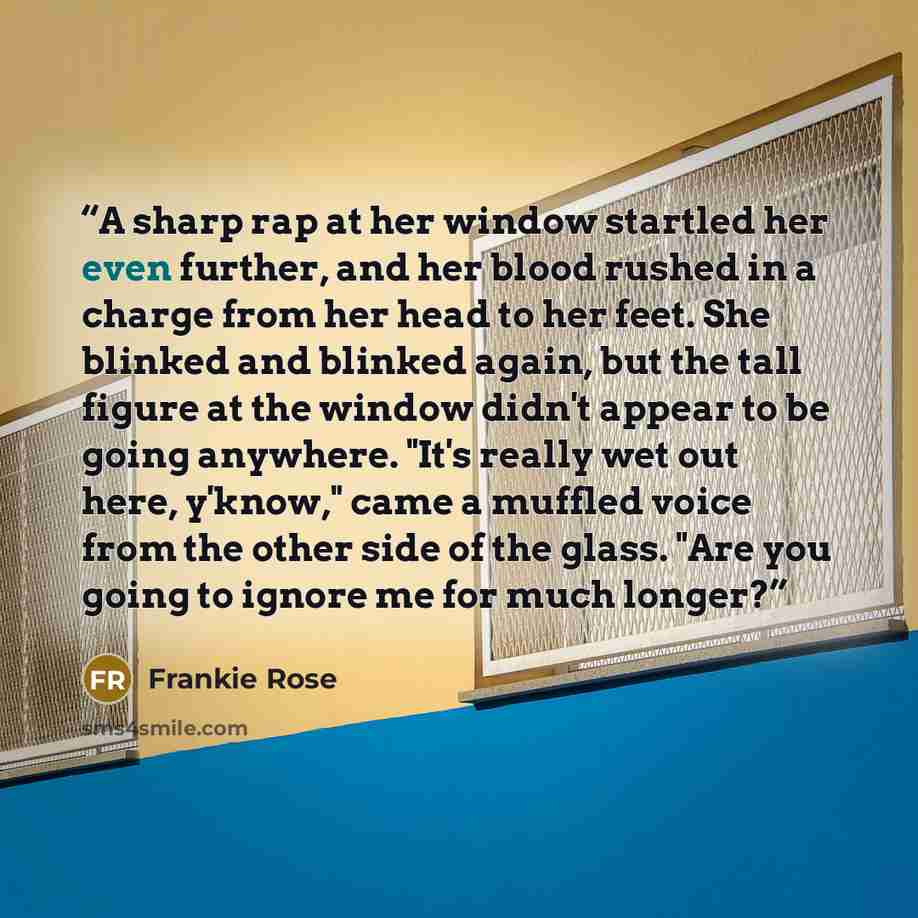 “A sharp rap at her window startled her even further, and her blood rushed in a charge from her head to her feet. She blinked and blinked again, but the tall figure at the window didn't appear to be going anywhere. "It's really wet out here, y'know," came a muffled voice from the other side of the…” quote by Frankie Rose