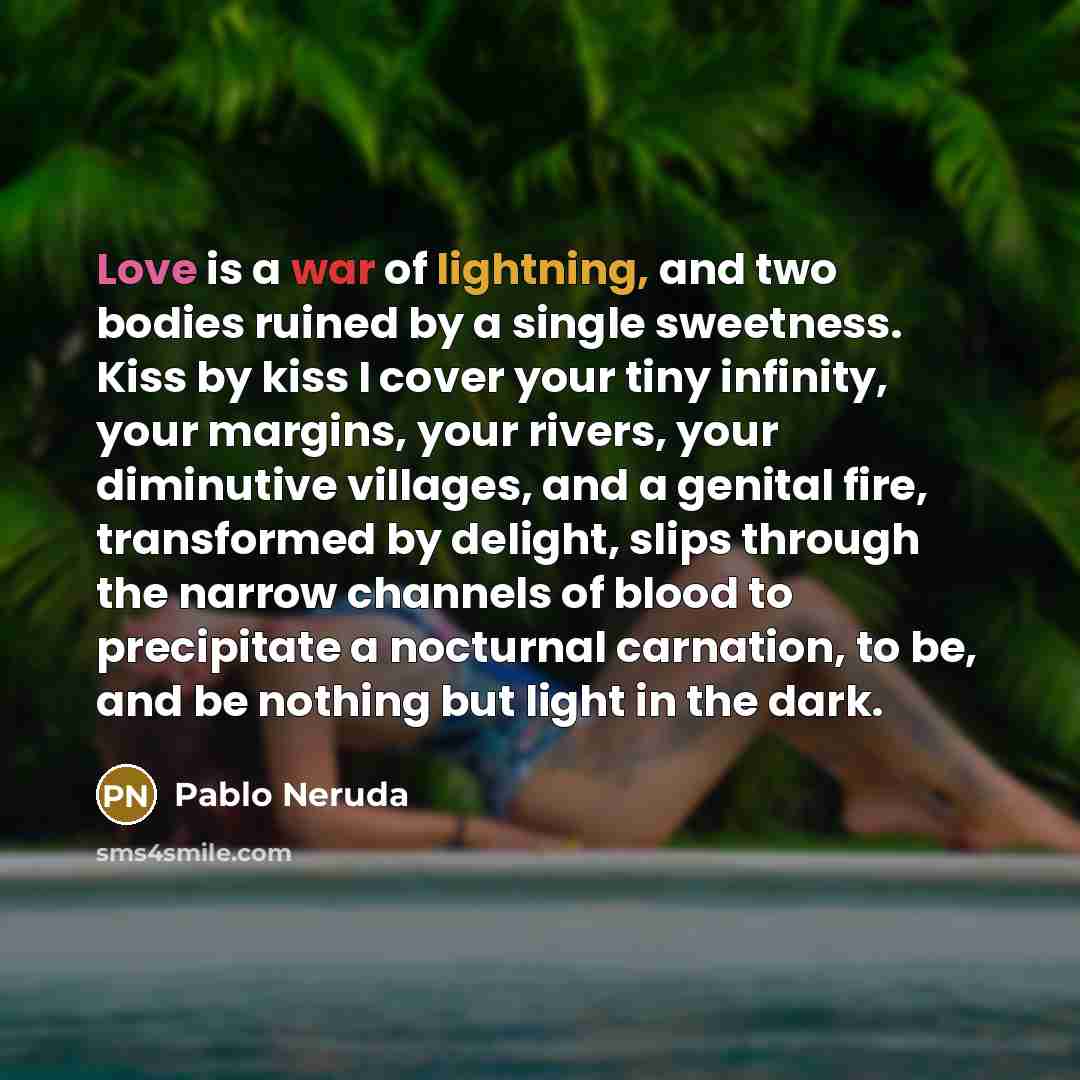 “Love is a war of lightning, and two bodies ruined by a single sweetness. Kiss by kiss I cover your tiny infinity, your margins, your rivers, your diminutive villages, and a genital fire, transformed by delight, slips through the narrow channels of blood to precipitate a nocturnal carnation, to be…” quote by Pablo Neruda