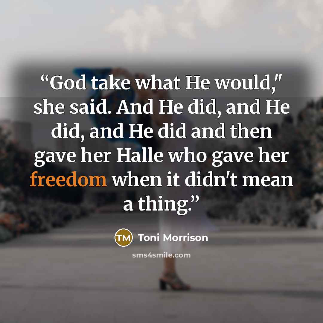 “God take what He would," she said. And He did, and He did, and He did and then gave her Halle who gave her freedom when it didn't mean a thing.” quote by Toni Morrison