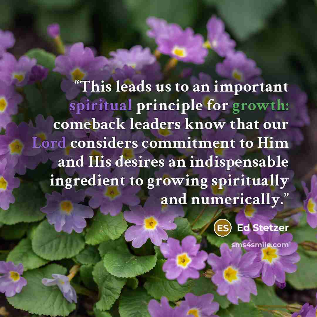 “This leads us to an important spiritual principle for growth: comeback leaders know that our Lord considers commitment to Him and His desires an indispensable ingredient to growing spiritually and numerically.” quote by Ed Stetzer