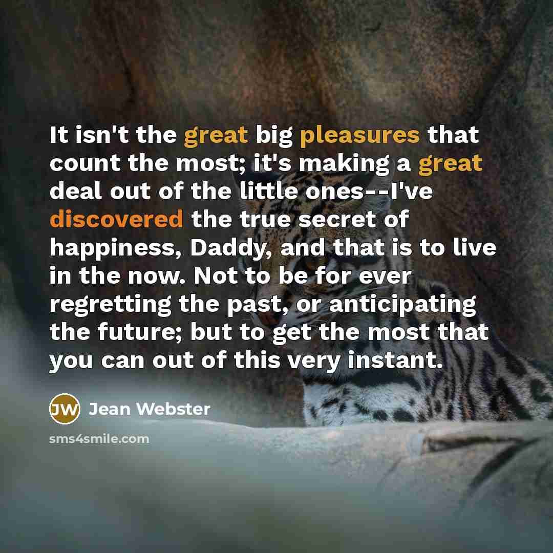 “It isn't the great big pleasures that count the most; it's making a great deal out of the little ones--I've discovered the true secret of happiness, Daddy, and that is to live in the now. Not to be for ever regretting the past, or anticipating the future; but to get the most that you can out of…” quote by Jean Webster