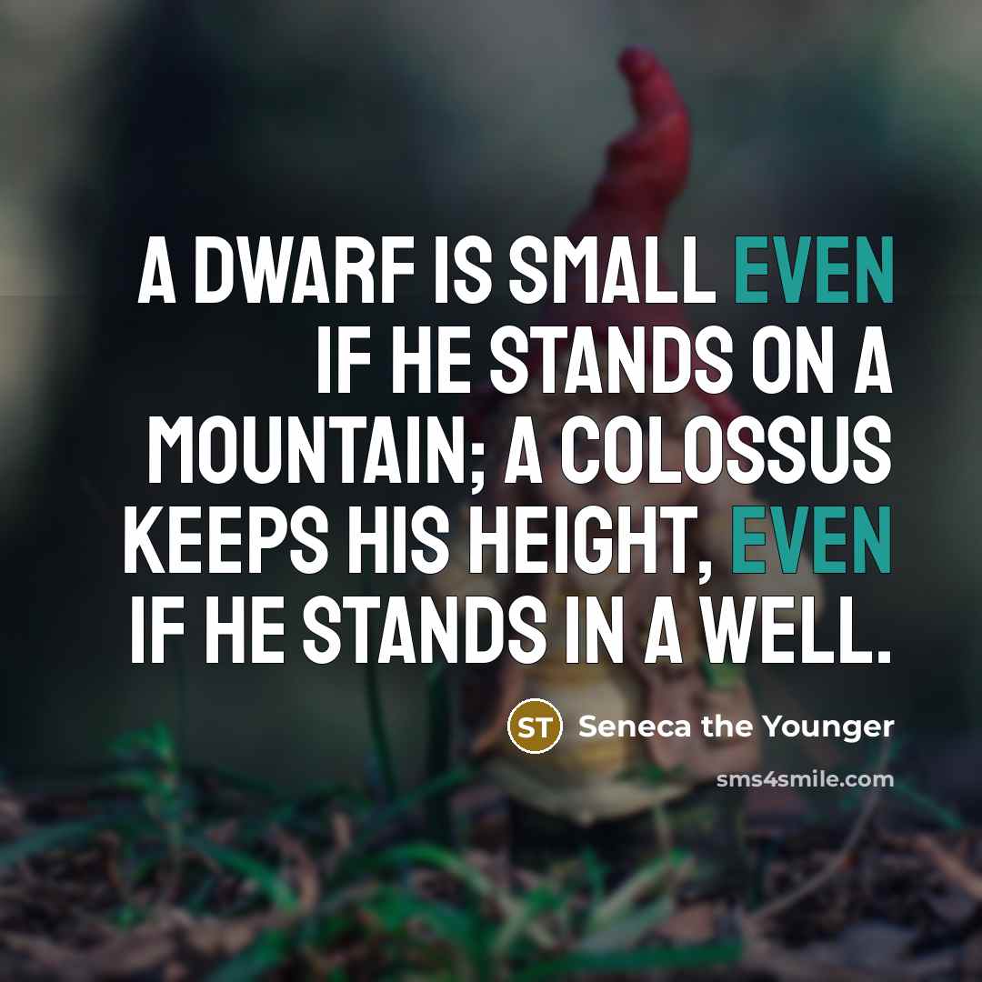 “A dwarf is small even if he stands on a mountain; a colossus keeps his height, even if he stands in a well.” quote by Seneca the Younger