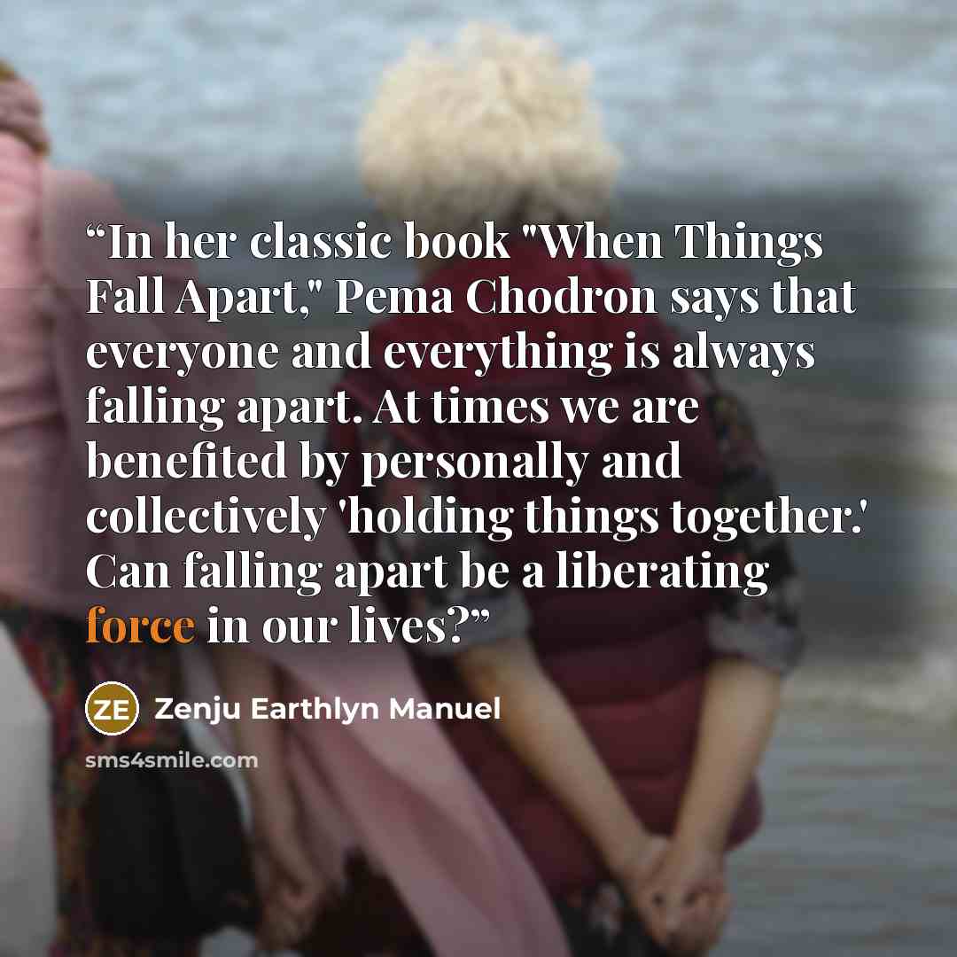 “In her classic book "When Things Fall Apart," Pema Chodron says that everyone and everything is always falling apart. At times we are benefited by personally and collectively 'holding things together.' Can falling apart be a liberating force in our lives?” quote by Zenju Earthlyn Manuel
