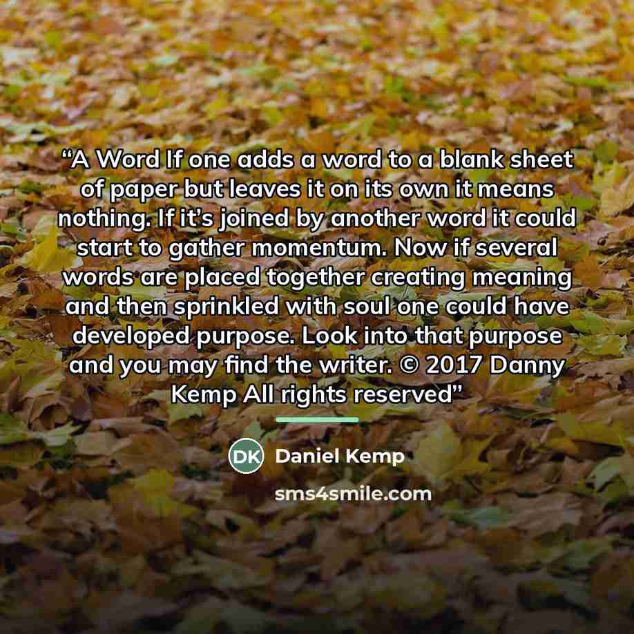 “A Word If one adds a word to a blank sheet of paper but leaves it on its own it means nothing. If it’s joined by another word it could start to gather momentum. Now if several words are placed together creating meaning and then sprinkled with soul one could have developed purpose. Look into that…” quote by Daniel Kemp